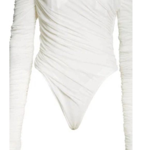 New MUGLER Ruched Off the Shoulder Mesh Bodysuit in White Size 6